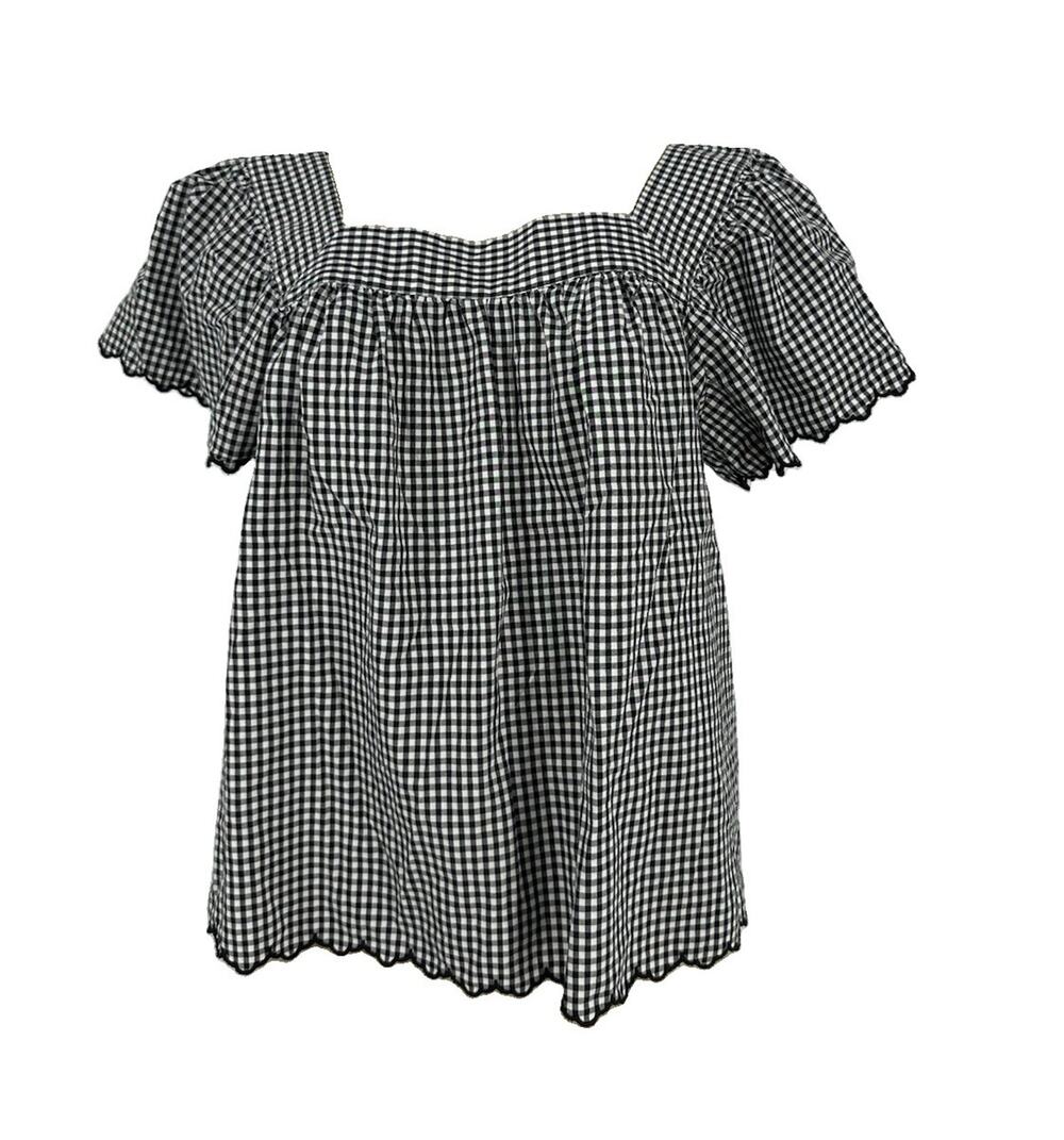 RAILS Medium Women Harley Black Mini Gingham Flutter Sleeve Scallop Blouse F8v